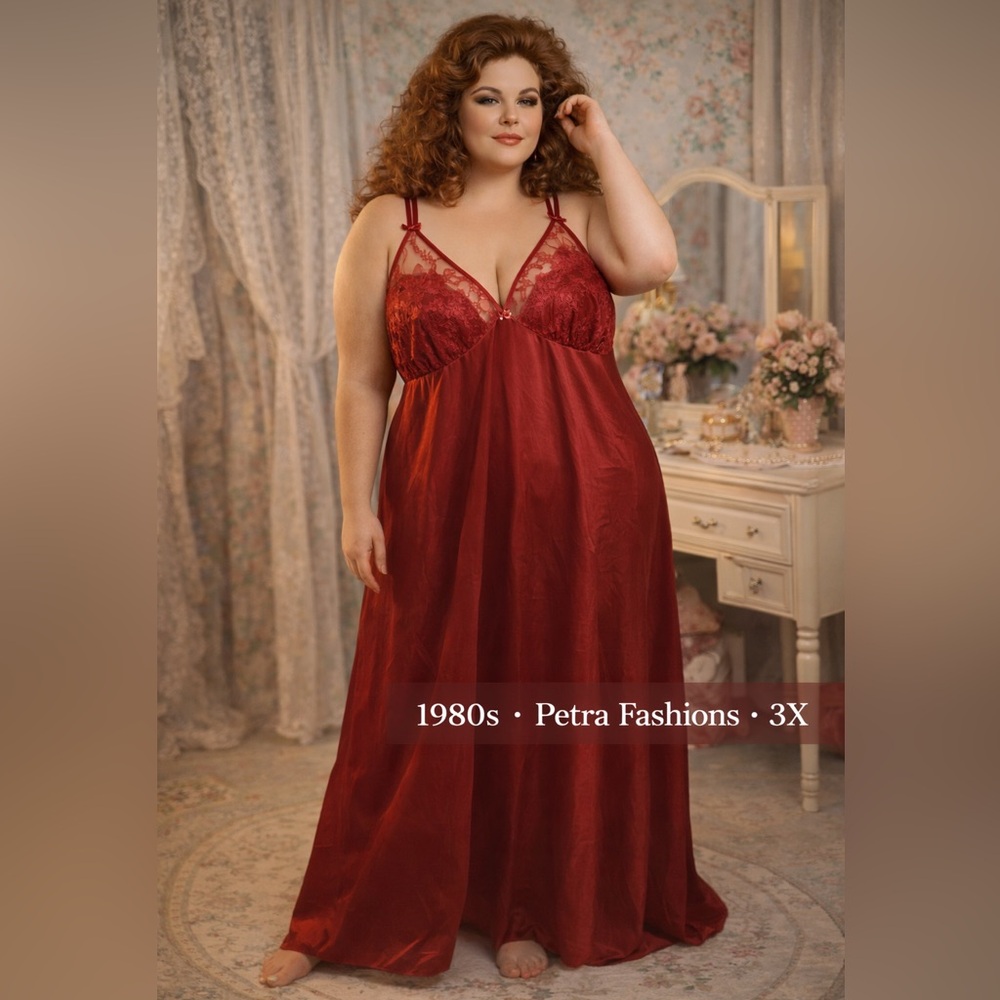 Vintage 1980s Petra Fashions Garnet Lace Nightgown 3X Strappy Back